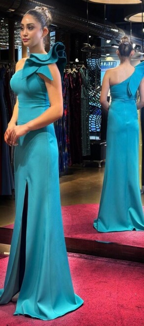 Turquoise One Shoulder Slit Straight Cut Crepe Long Evening Dress 6956 - 3