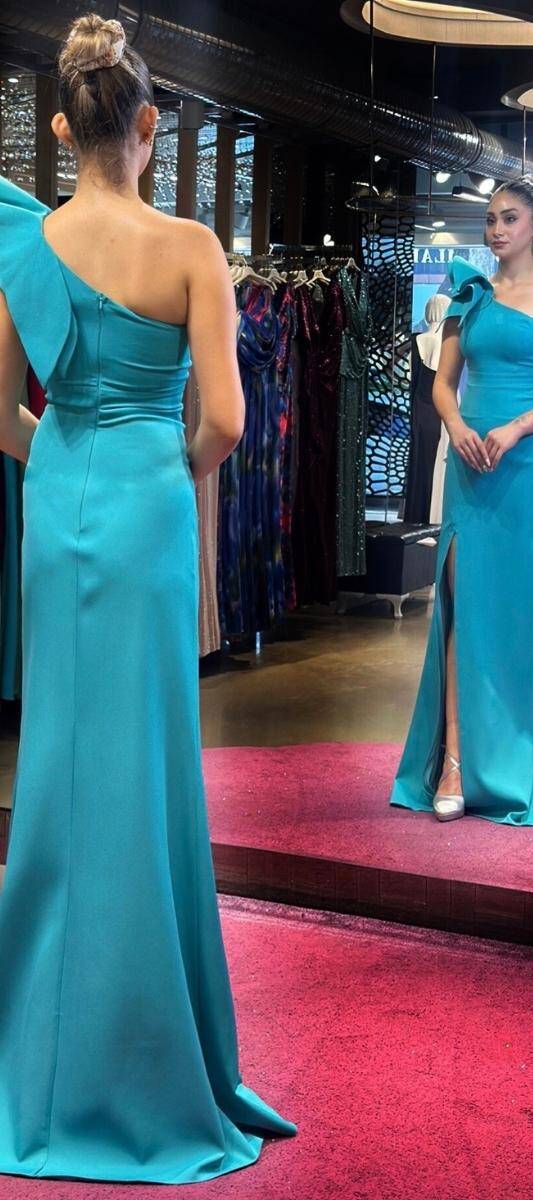 Turquoise One Shoulder Slit Straight Cut Crepe Long Evening Dress 6956 - 5