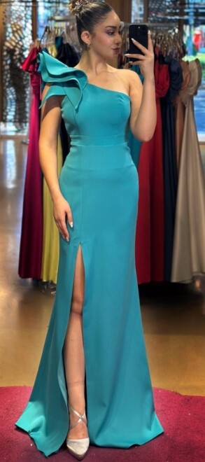 Turquoise One Shoulder Slit Straight Cut Crepe Long Evening Dress 6956 - 1