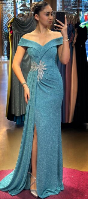 Turquoise Stone Detailed Slit Straight Cut Glitter Long Evening Dress 7566 