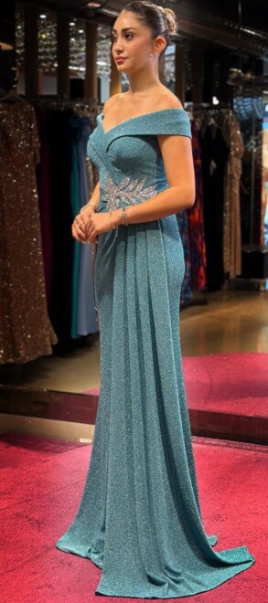 Turquoise Stone Detailed Slit Straight Cut Glitter Long Evening Dress 7566 - 3