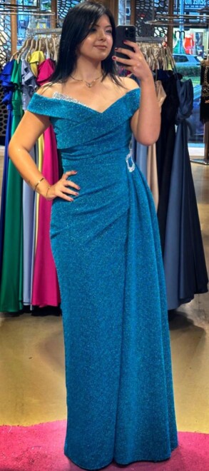 Turquoise Stone Detailed Slit Straight Cut Glitter Long Evening Dress 7608 