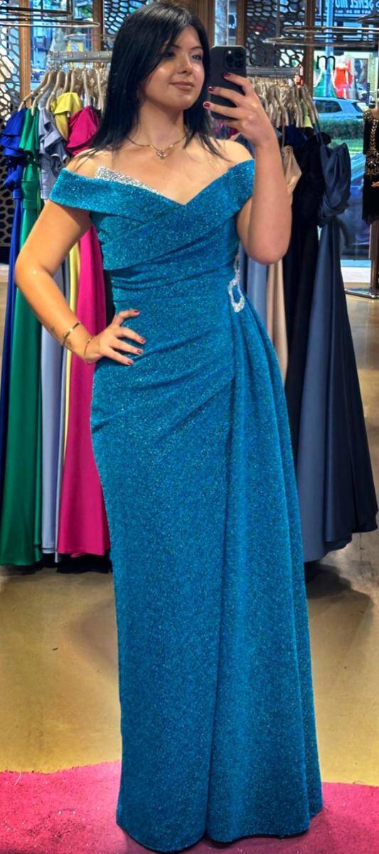 Turquoise Stone Detailed Slit Straight Cut Glitter Long Evening Dress 7608 - 1