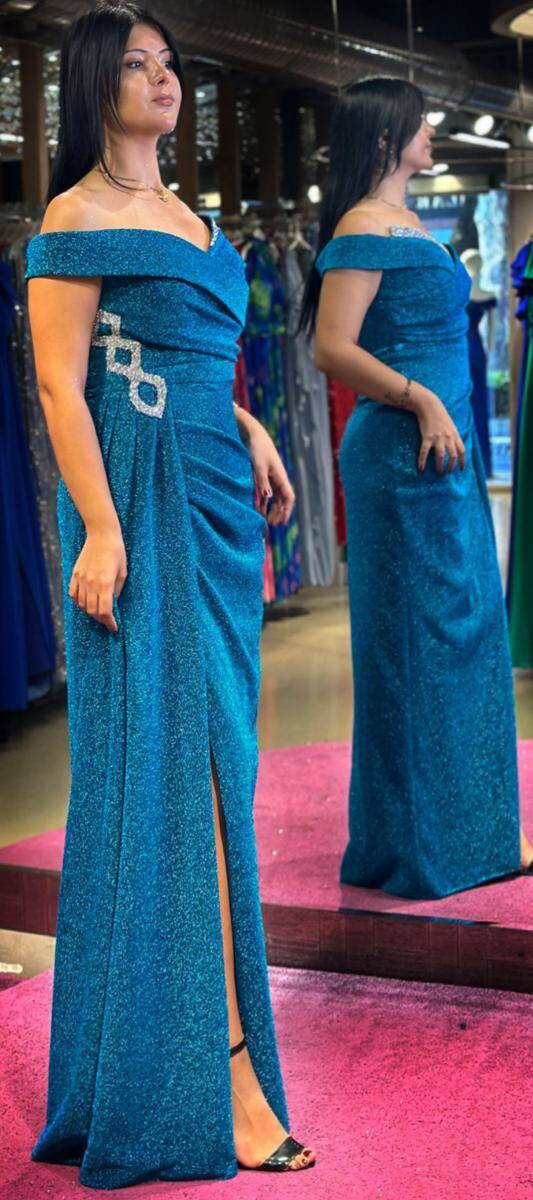 Turquoise Stone Detailed Slit Straight Cut Glitter Long Evening Dress 7608 - 3