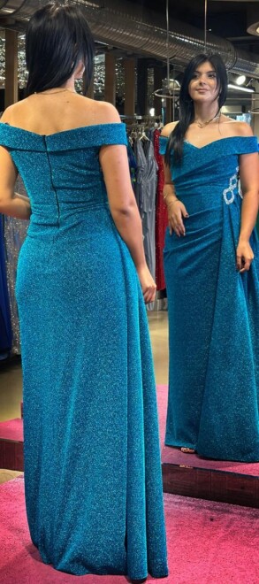 Turquoise Stone Detailed Slit Straight Cut Glitter Long Evening Dress 7608 - 4