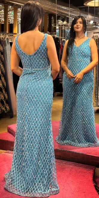 Turquoise Thick Strap Beaded Straight Cut Glitter Long Evening Dress 7587 - 5