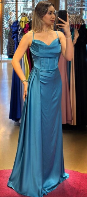 Turquoise Thin Strapped Slit Straight Cut Satin Long Evening Dress 7564 - 1