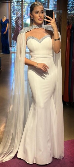 White Cape Mermaid Skirt Crepe Long Evening Dress 7558 - 1