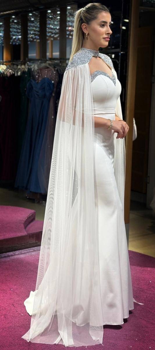 White Cape Mermaid Skirt Crepe Long Evening Dress 7558 - 3