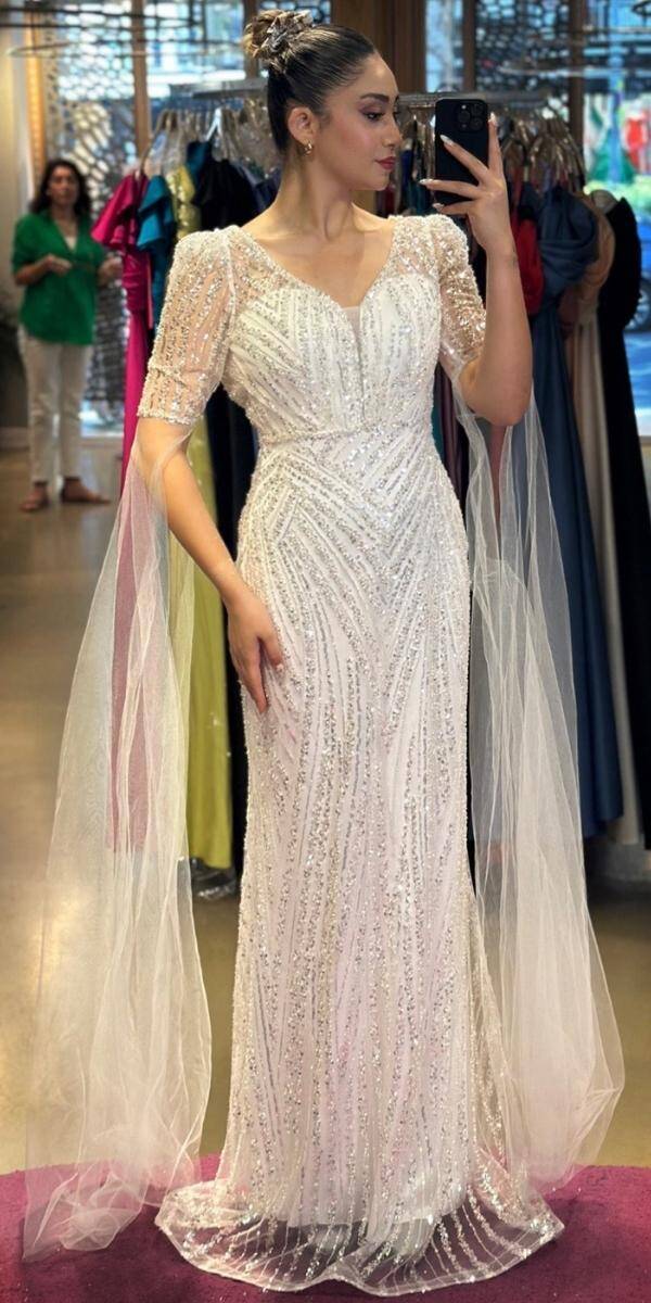 White Color Short Sleeve Straight Cut Beaded Sequin Long Evening Dress 7532 - 1