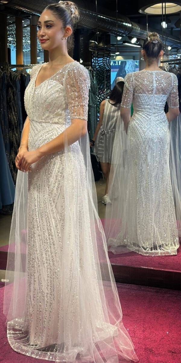 White Color Short Sleeve Straight Cut Beaded Sequin Long Evening Dress 7532 - 3