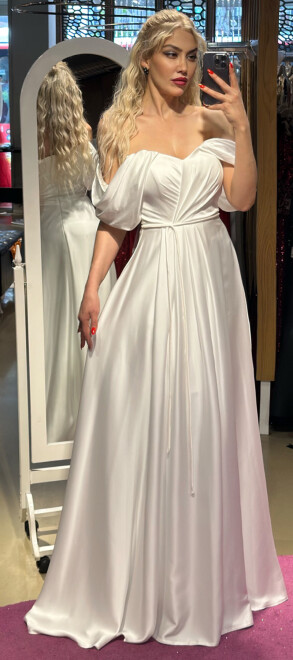 White Flared Skirt Satin Long Evening Dress 7350 