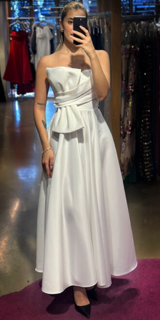 White Flared Skirt Satin Midi Evening Dress 7657 