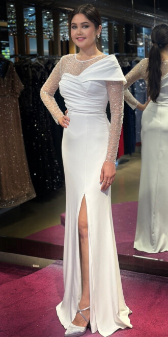 White Long Sleeve Beaded Slit Straight Cut Crepe Long Evening Dress 7650 - 1