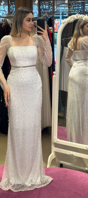 White Long Sleeve Belted Straight Cut Glitter Long Evening Dress 7351 