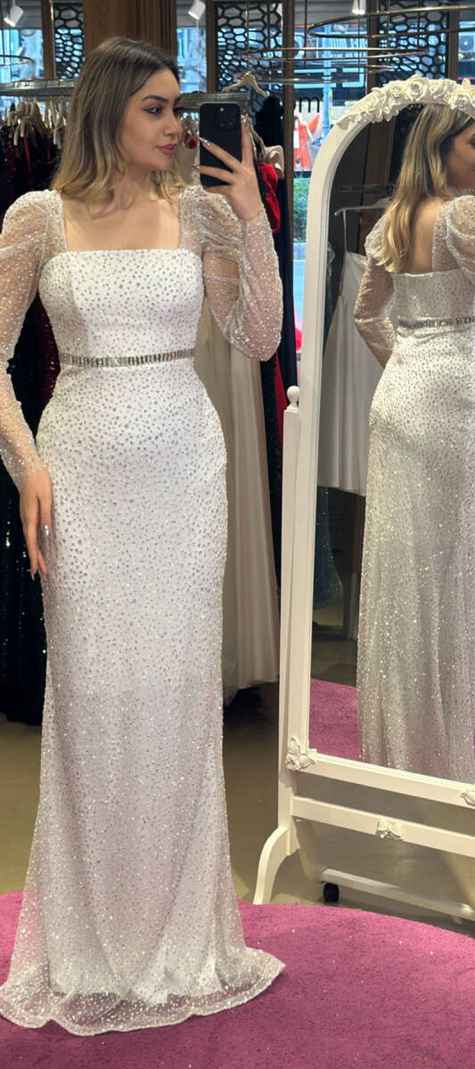 White Long Sleeve Belted Straight Cut Glitter Long Evening Dress 7351 - 1