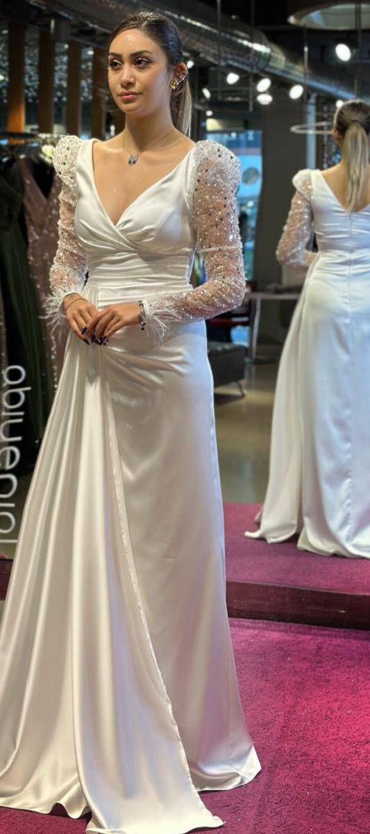 White Long Sleeve Feather Detailed Slit Straight Cut Satin Long Evening Dress 7442 - 2