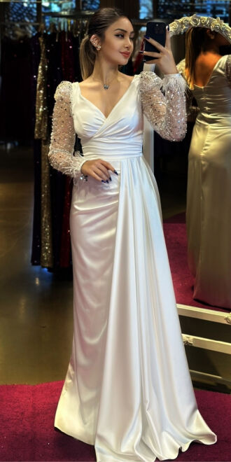 White Long Sleeve Feather Detailed Slit Straight Cut Satin Long Evening Dress 7442 