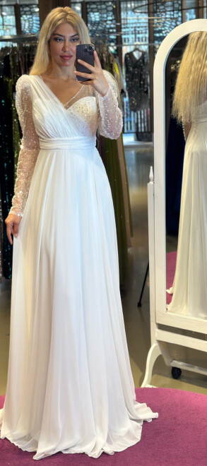 White Long Sleeve Flared Skirt Chiffon Long Evening Dress 7417 