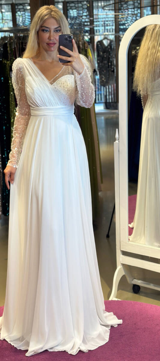 White Long Sleeve Flared Skirt Chiffon Long Evening Dress 7417 - 1