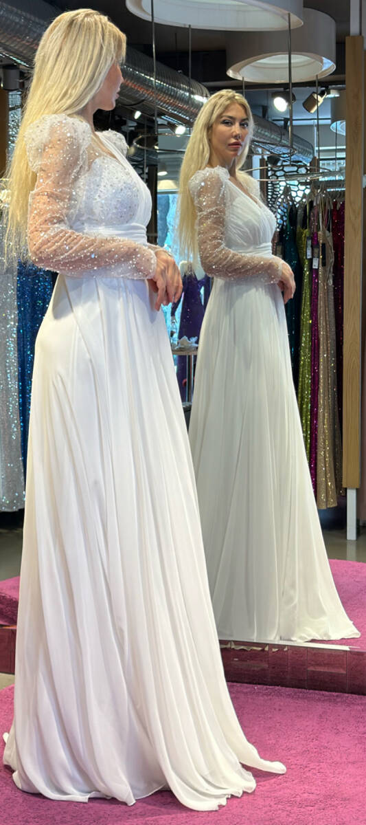 White Long Sleeve Flared Skirt Chiffon Long Evening Dress 7417 - 3