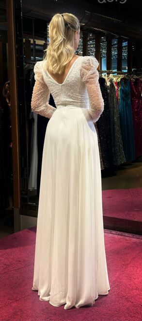 White Long Sleeve Flared Skirt Chiffon Long Evening Dress 7569 - 5