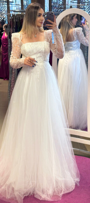 White Long Sleeve Flared Skirt Tulle Long Evening Dress 7352 