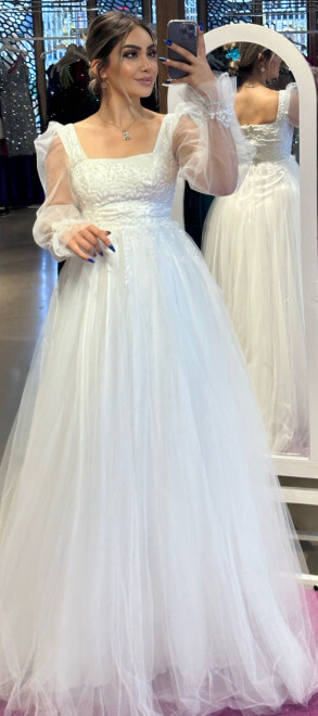 White Long Sleeve Flared Skirt Tulle Long Evening Dress 7369 - 1