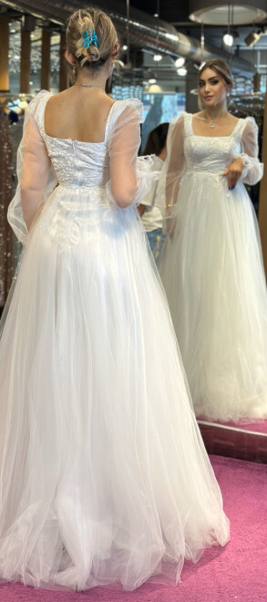 White Long Sleeve Flared Skirt Tulle Long Evening Dress 7369 - 4