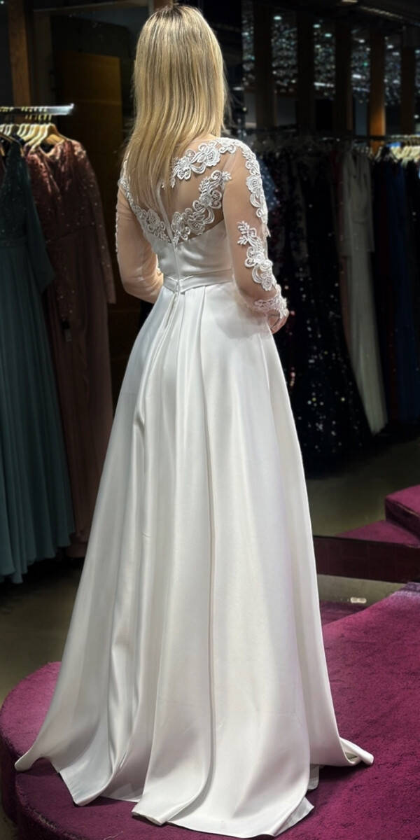 White Long Sleeve Lace Detailed Flared Skirt Satin Long Evening Dress 7510 - 5