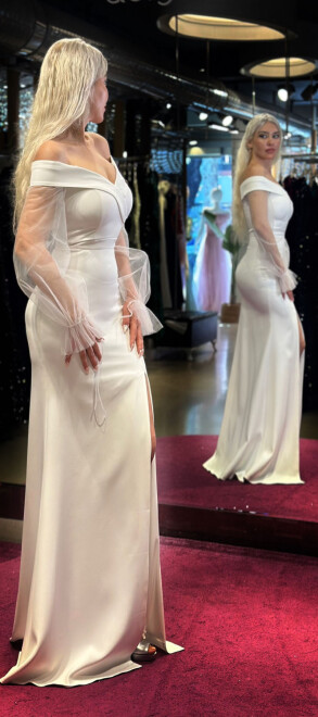 White Long Sleeve Slit Straight Cut Crepe Long Evening Dress 7081 - 3