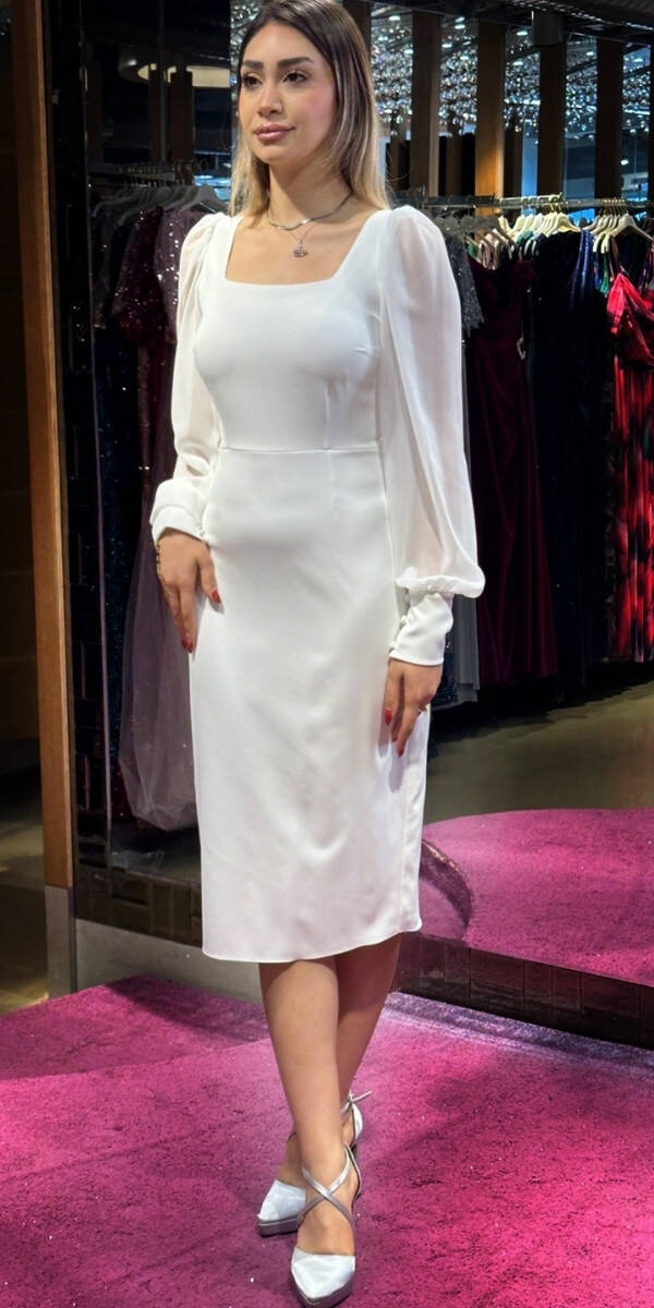 White Long Sleeve Straight Cut Crepe Midi Evening Dress 7322 - 3