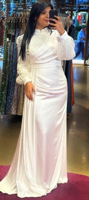 White Long Sleeve Straight Cut Satin Long Evening Dress 7553 