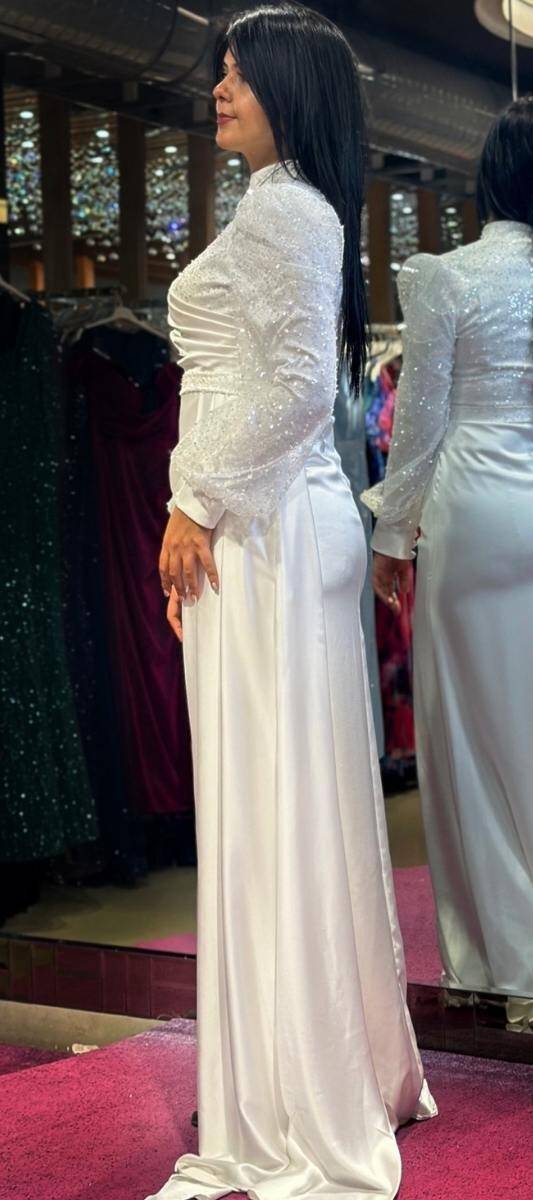 White Long Sleeve Straight Cut Satin Long Evening Dress 7553 - 3