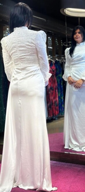 White Long Sleeve Straight Cut Satin Long Evening Dress 7553 - 5