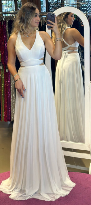 White Low-Cut Back Flared Skirt Lycra Long Evening Dress 6556 