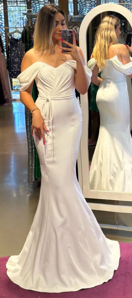 White Low Sleeve Mermaid Skirt Crepe Long Evening Dress 7418 - 1