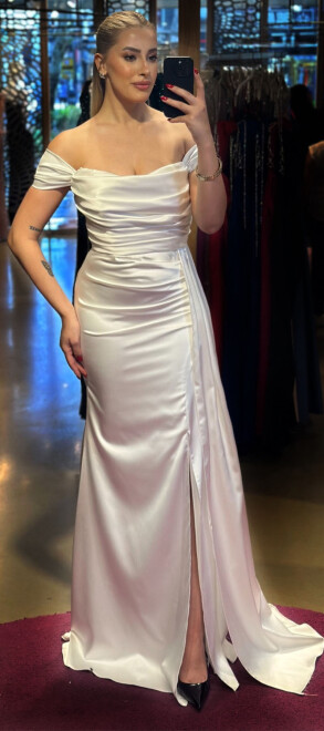 White Low Sleeve Slit Straight Cut Satin Long Evening Dress 7511 