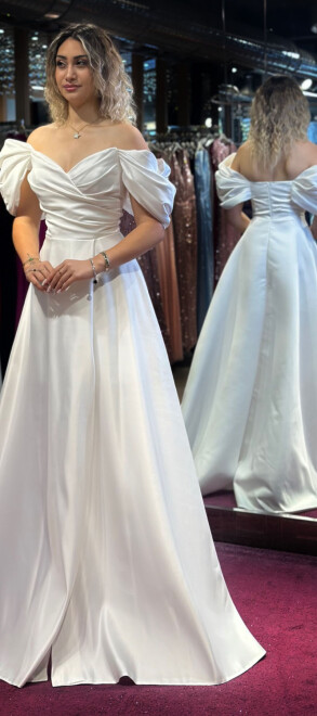 White Low Sleeve Wrap Slit Flared Skirt Satin Long Evening Dress 7568 - 3