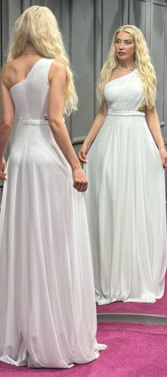 White One Shoulder Cut Out Waist Flared Skirt Tulle Long Evening Dress 7358 - 5