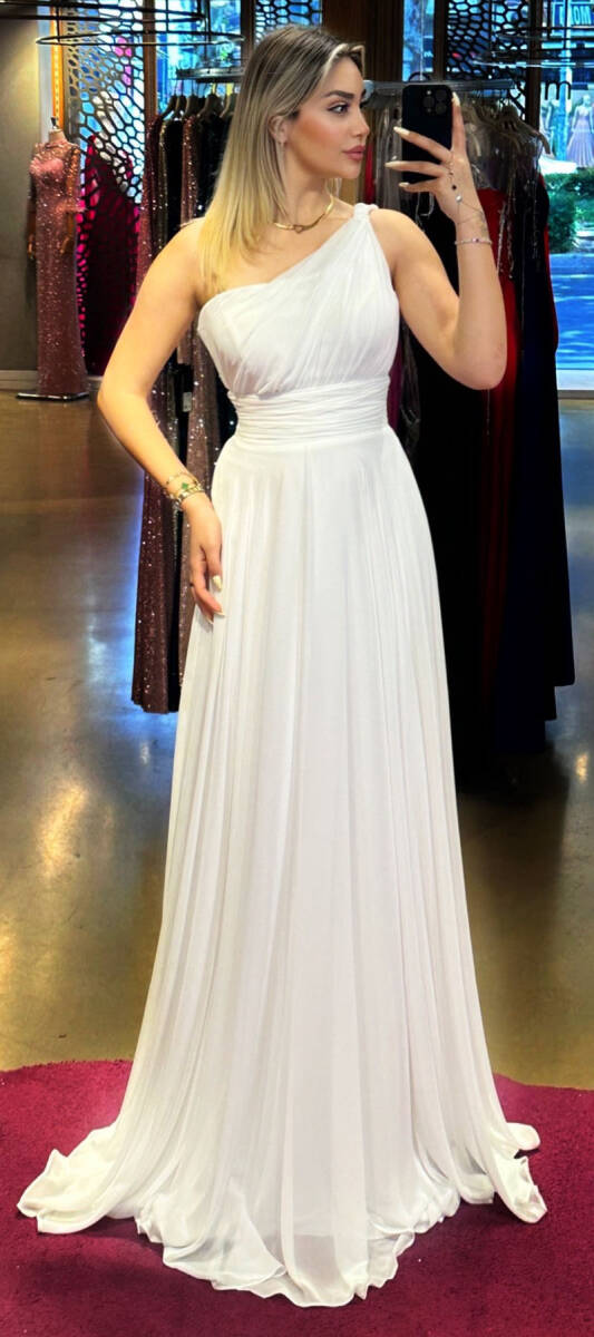 White One Shoulder Flared Skirt Chiffon Long Evening Dress 7517 - 1