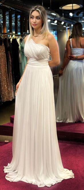 White One Shoulder Flared Skirt Chiffon Long Evening Dress 7517 - 3