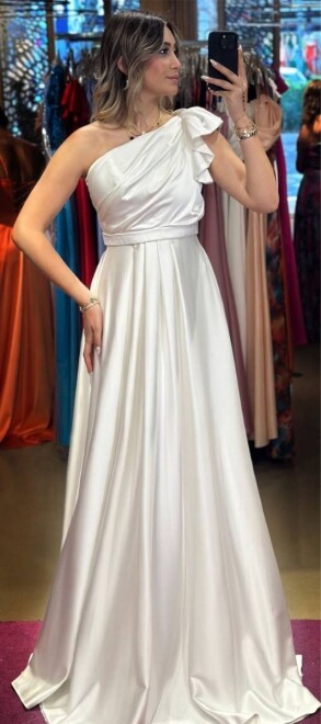 White One Shoulder Flared Skirt Satin Long Evening Dress 7501 