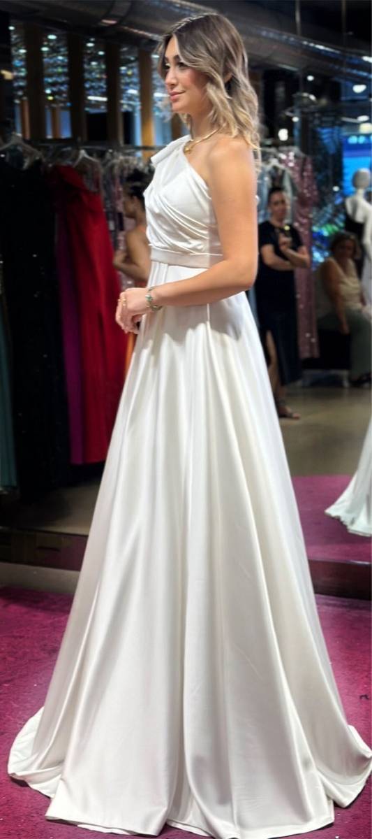 White One Shoulder Flared Skirt Satin Long Evening Dress 7501 - 3