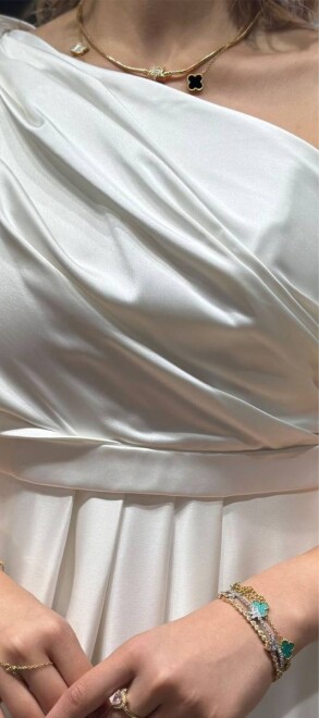 White One Shoulder Flared Skirt Satin Long Evening Dress 7501 - 4