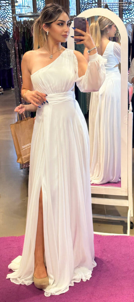 White One Sleeve Cut Out Waist Slit Flared Skirt Chiffon Long Evening Dress 7408 - 1