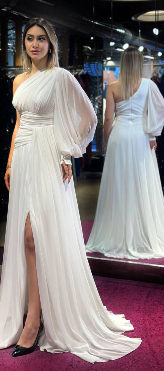 White One Sleeve Slit Flared Skirt Tulle Long Evening Dress 7481 - 3