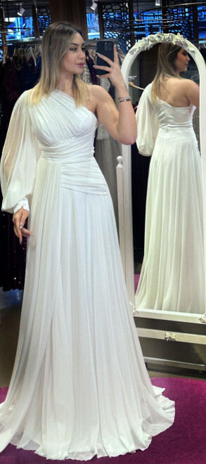 White One Sleeve Slit Flared Skirt Tulle Long Evening Dress 7481 - 1