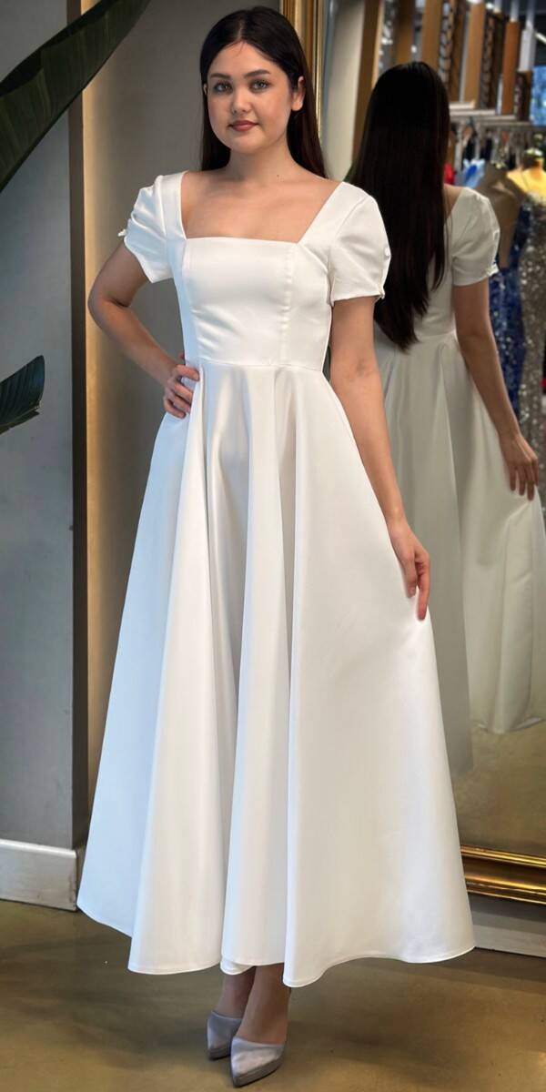 White Short Sleeve Ribbon Detailed Flared Skirt Satin Midi Evening Dress 7673 - 1