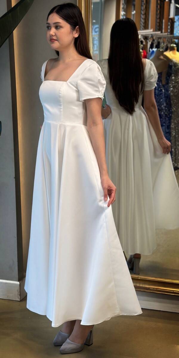 White Short Sleeve Ribbon Detailed Flared Skirt Satin Midi Evening Dress 7673 - 3